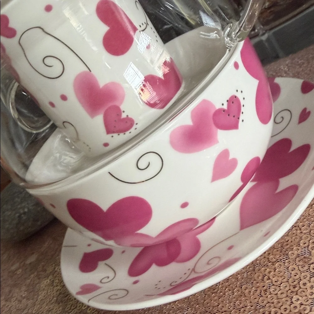Grace’s Teaware Pink Hearts Glass and Fine Porcelain Tea For One Set
